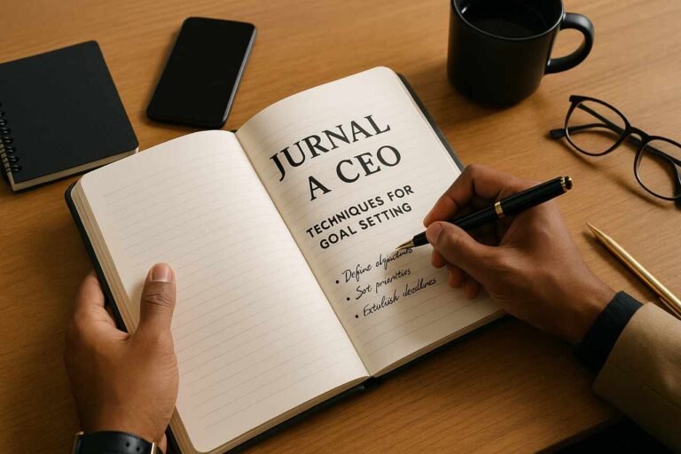 CEO journaling for goal setting at a modern desk workspace.
