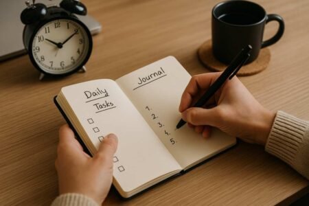 Person writing daily tasks in a journal on a tidy desk with a clock and coffee.