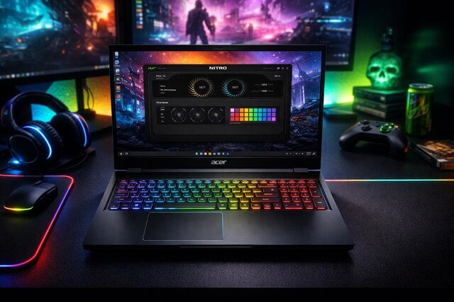 Acer Nitro V 15 with RGB keyboard and gaming setup.