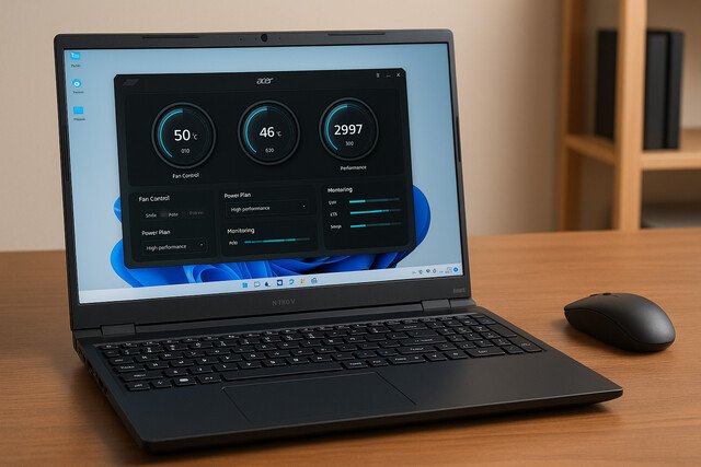 Acer Nitro V 15 laptop showing performance dashboard on desk.