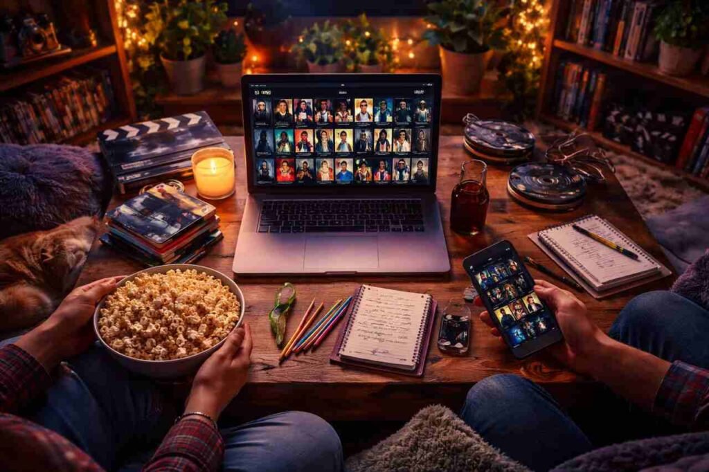 Cozy movie night scene with laptop, popcorn, and movie apps.