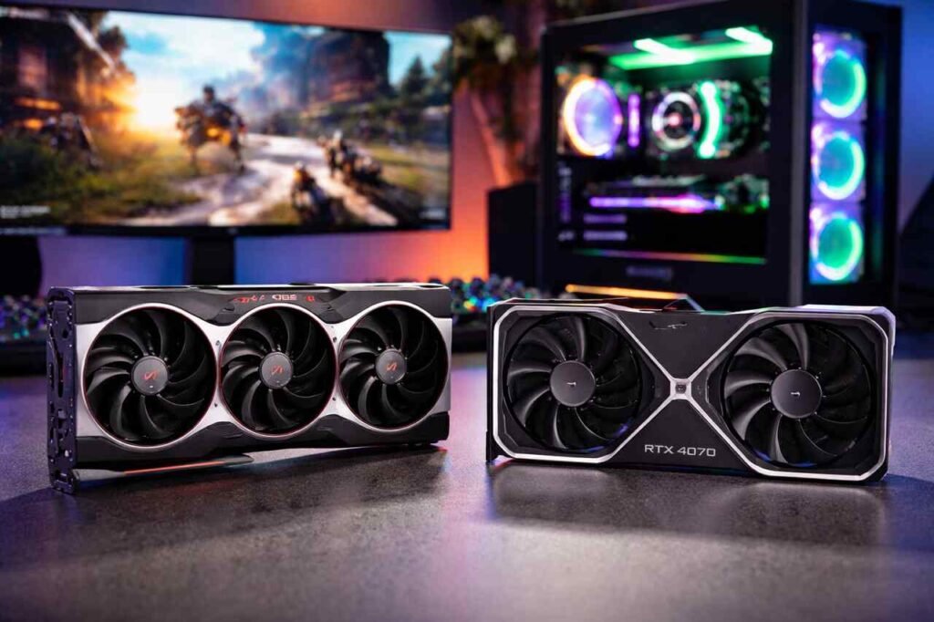 Radeon RX 7800 XT vs RTX 4070 GPUs on gaming desk setup