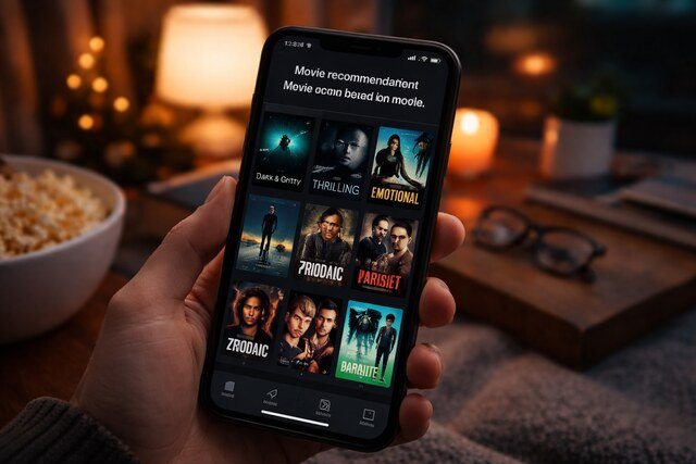 Person holding phone showing mood-based movie recommendations