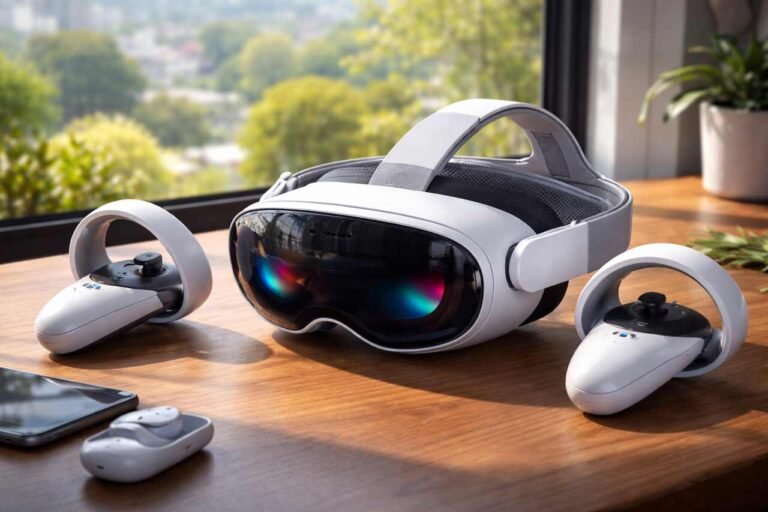 Meta Quest 4 VR headset with controllers on a desk by a sunny window.