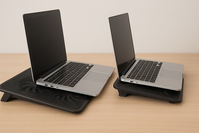 Laptops on cooling pads of different sizes showing proper and improper fit