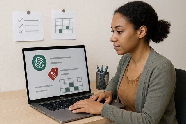 Woman tracking ChatGPT discounts on laptop