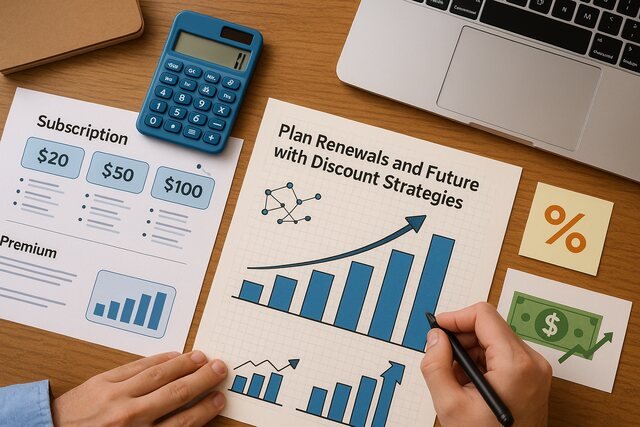 Subscription plan renewal strategy with pricing and growth analysis on a desk.