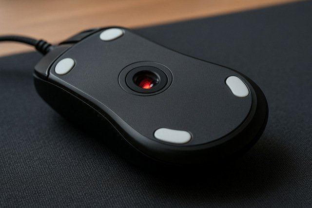 Close-up of gaming mouse sensor on a mouse pad