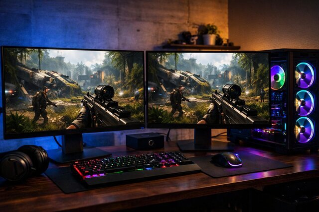 Dual-screen gaming setup comparing 1080p and 1440p resolutions