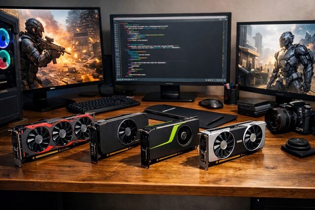 Various GPUs on a desk representing different user needs like gaming, AI, and design.