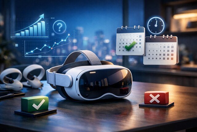 Meta Quest 4 VR headset with futuristic design and decision-themed visuals.