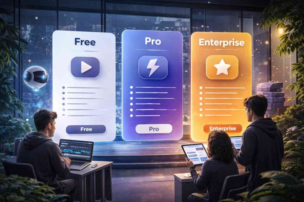 Users comparing Free, Pro, and Enterprise pricing plans for AI video creation in a realistic office.
