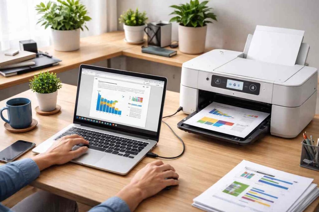 Printing from Chromebook to printer with charts displayed on screen and printout in tray.
