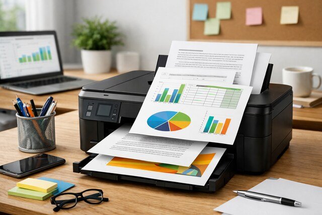 Printer printing documents from Google Docs, Sheets, and Slides in a home office