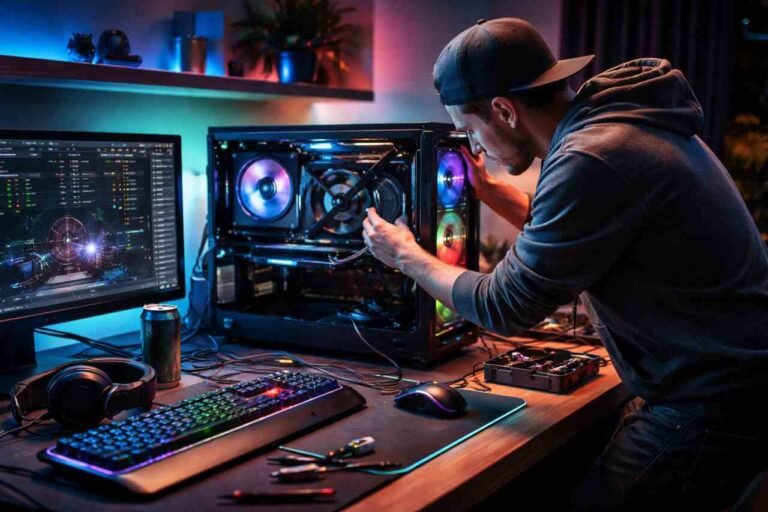 Gamer optimizing PC setup with RGB lighting and performance tools in a gaming room.