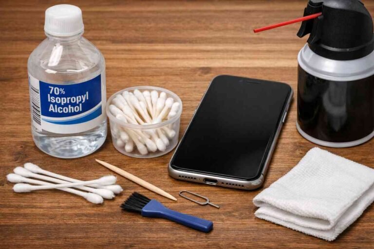 Tools to clean iPhone charging port safely at home.