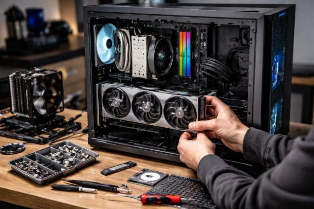 Upgrading PC with new graphics card and RGB RAM inside open case.