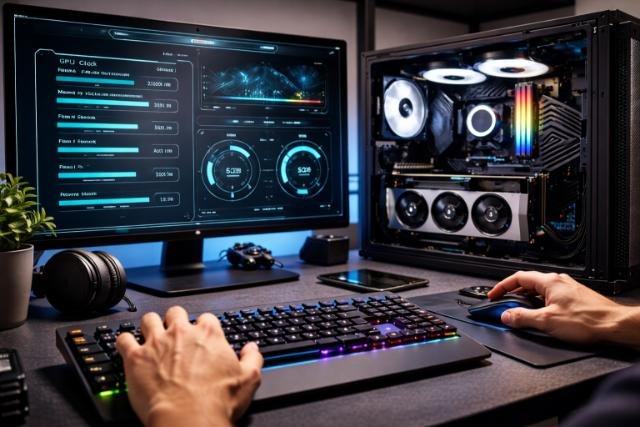 Gamer tuning graphics settings on PC with open RGB-lit case.