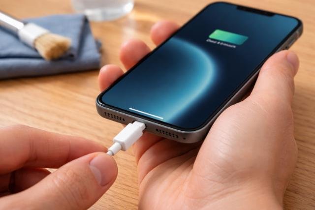 Testing iPhone charging port after cleaning with a Lightning cable.