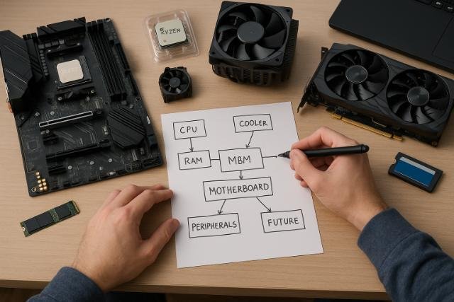 Planning AM4 system upgrades with components and diagram on desk.