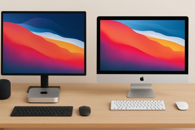 Mac Mini and iMac on desk highlighting peripheral setups.