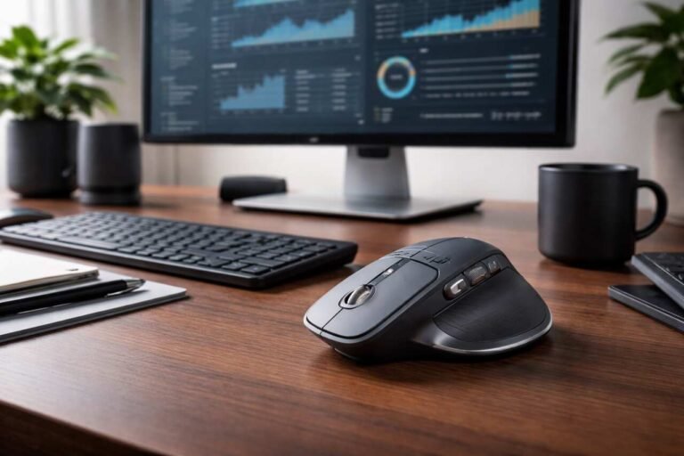 Logitech MX Master mouse on a professional desk setup.