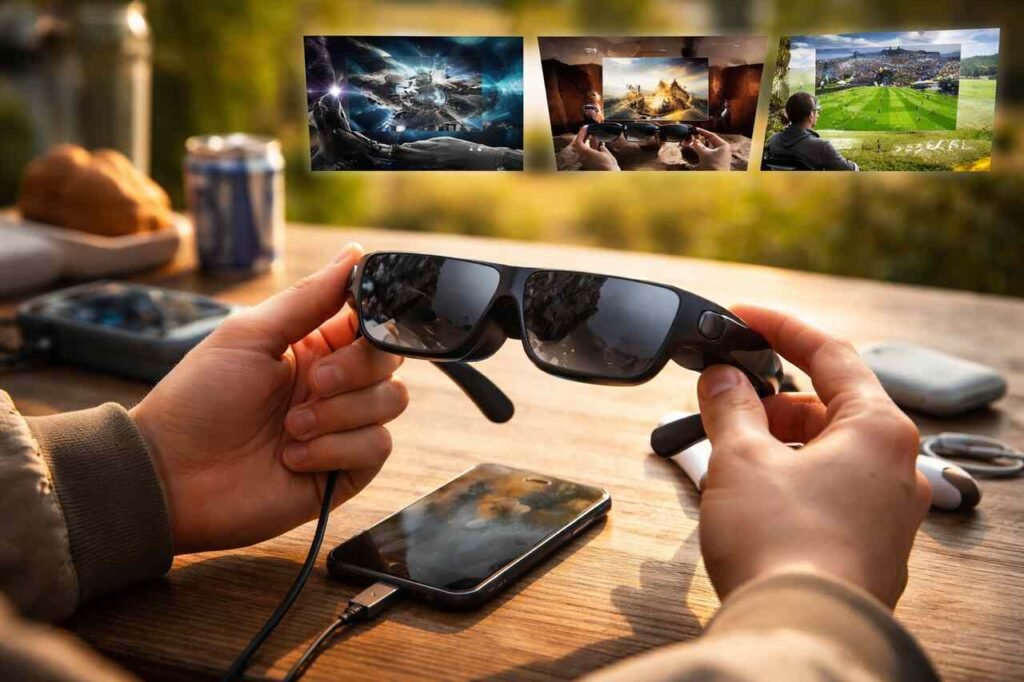 Hands-on experience with Rokid Max AR Glasses connected to a phone outdoors.