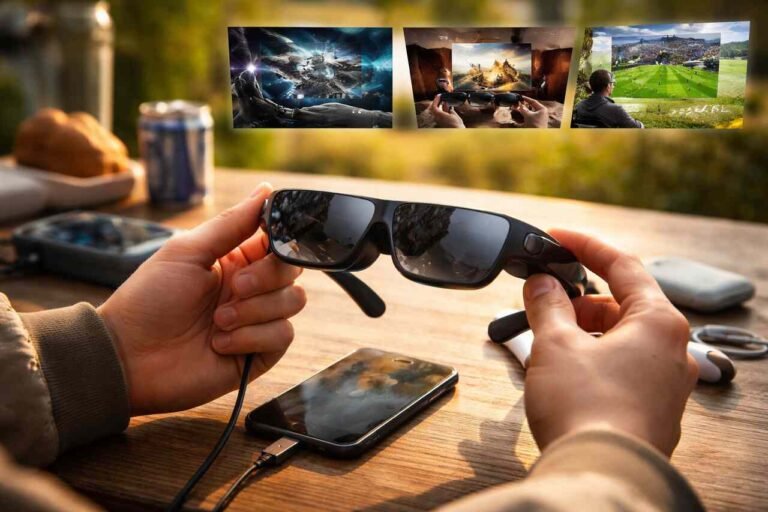 Hands-on experience with Rokid Max AR Glasses connected to a phone outdoors.