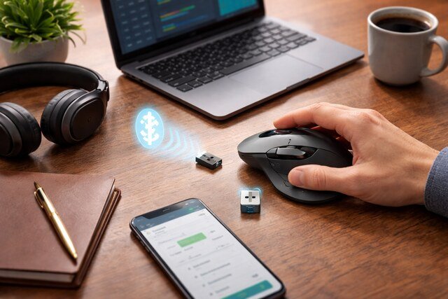 MX Master mouse connected via Bluetooth and USB receiver on a wooden desk.