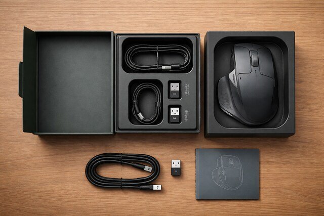 MX Master mouse and accessories unboxed on a wooden surface.