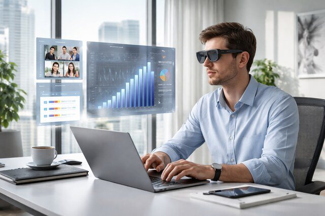 Man using Rokid Max AR glasses for work with virtual screens.
