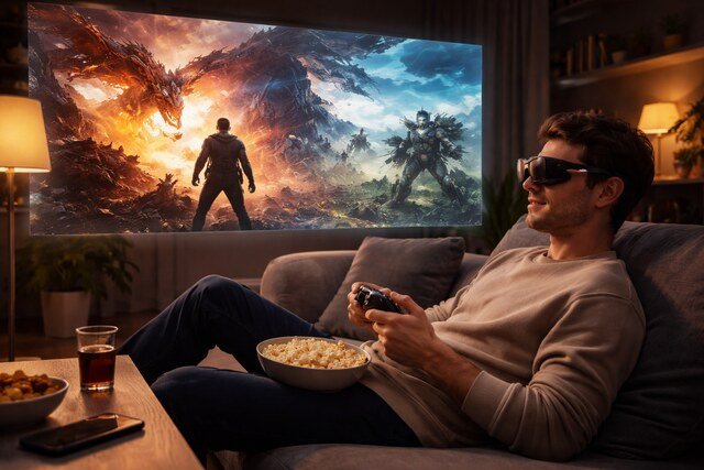 Man using AR glasses for immersive gaming and movie viewing in a cozy living room