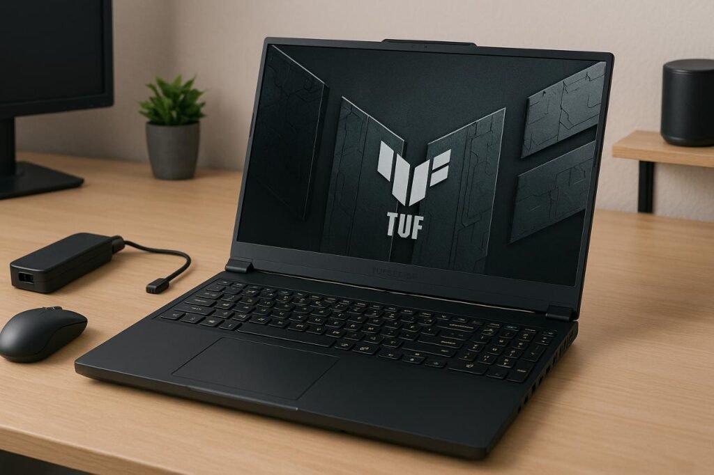 ASUS TUF A16 gaming laptop on a modern desk setup