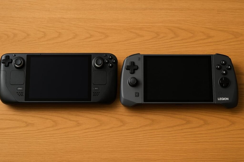 Steam Deck and Legion Go handhelds side by side on wood surface.
