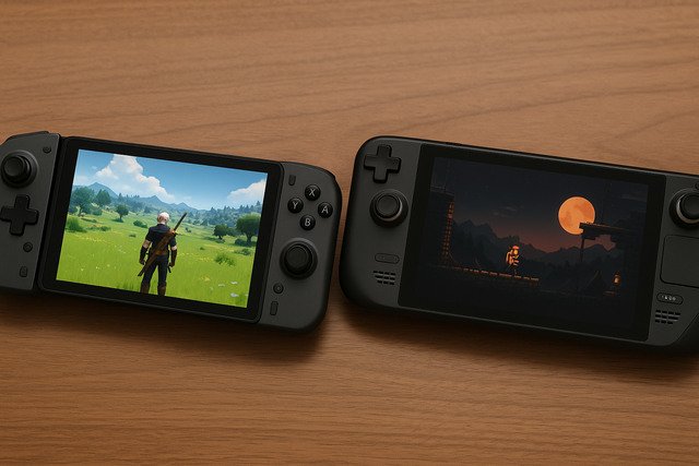 Legion Go and Steam Deck running games side by side on a wooden table.