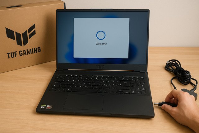 ASUS TUF A16 laptop during first-time setup on wooden desk