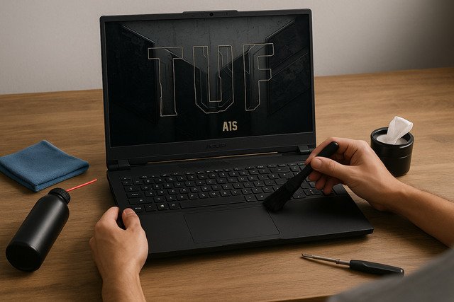 Cleaning ASUS TUF A16 laptop with brush and tools