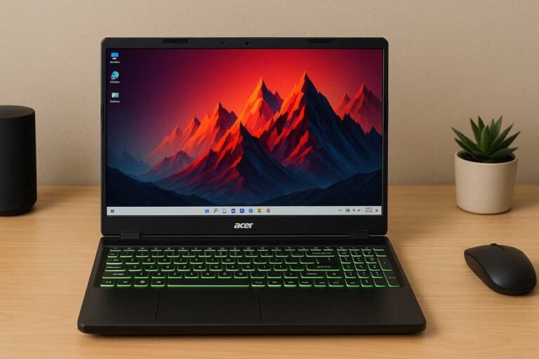 Acer Nitro V 15 gaming laptop on desk with green backlit keyboard and vivid display