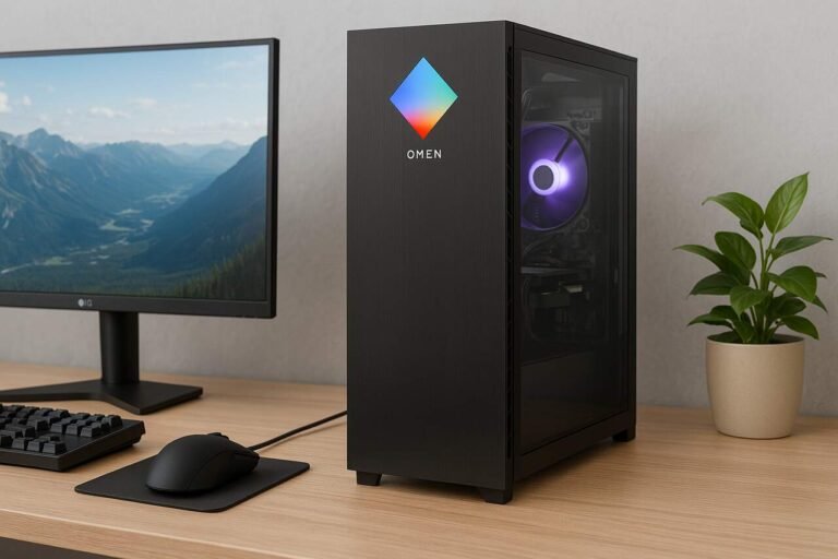 HP Omen 25L gaming desktop with RGB lighting on desk setup.