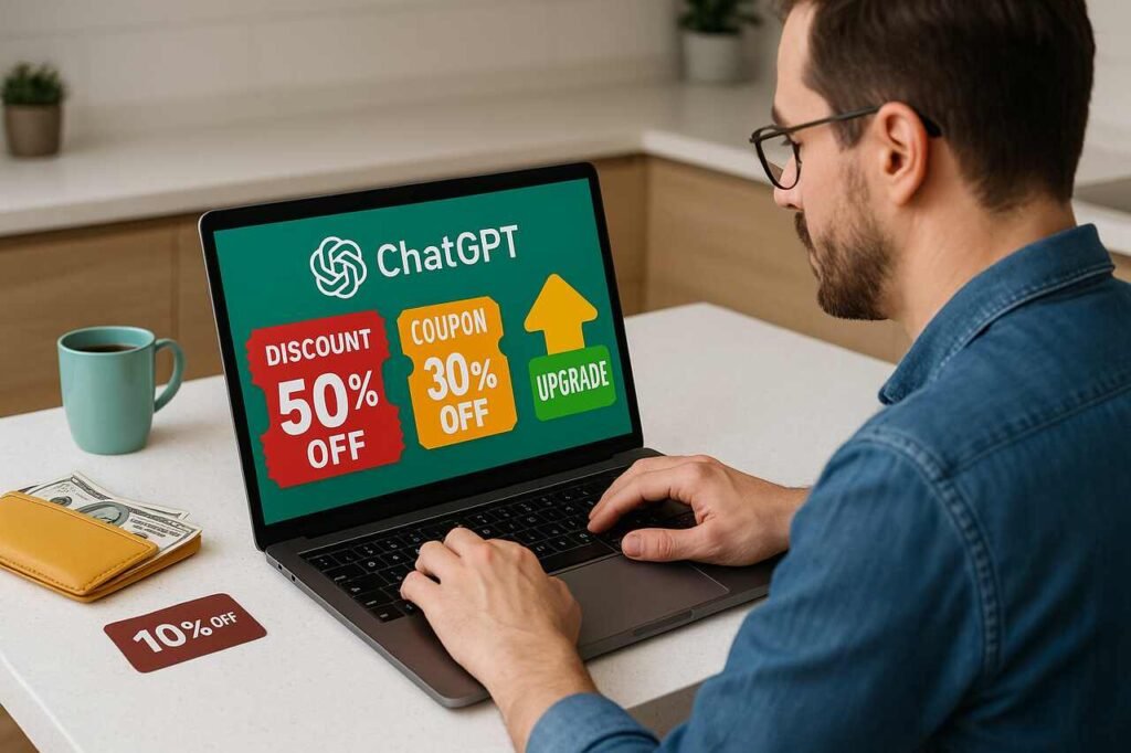 Man browsing ChatGPT discounts on laptop at kitchen counter.