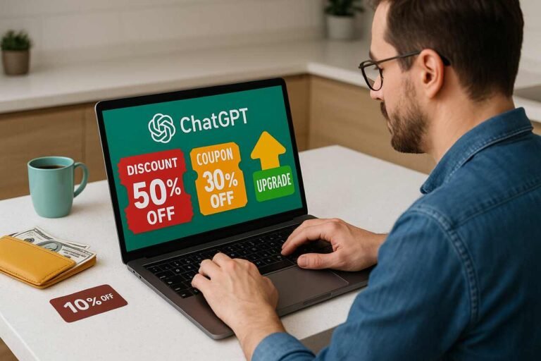 Man browsing ChatGPT discounts on laptop at kitchen counter.