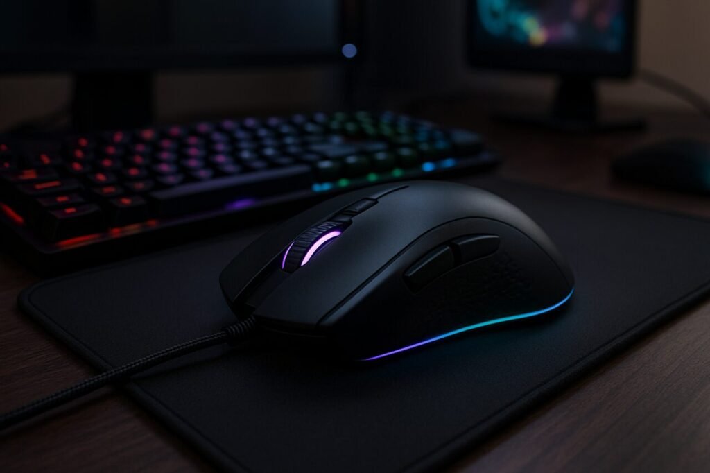 RGB gaming mouse on desk with keyboard and monitor