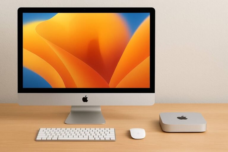 iMac and Mac Mini on a desk for Mac comparison guide.