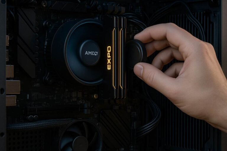 Hand adjusting AMD EXPO RAM in a desktop PC.