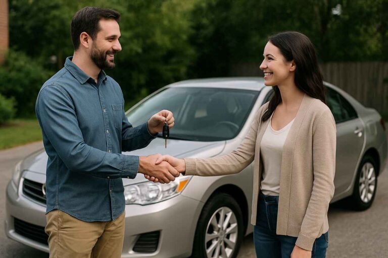Man handing over car keys to a woman in front of a silver sedan.