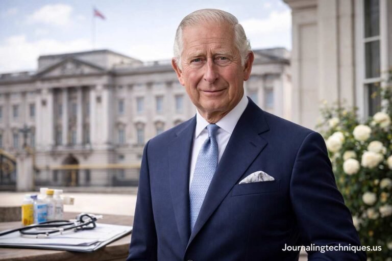 King Charles III portrait related to health updates and British monarchy