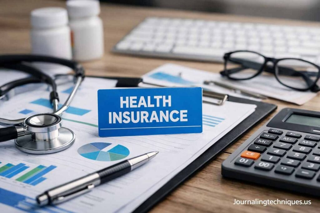 Meritain Health insurance benefits documents with medical tools on desk