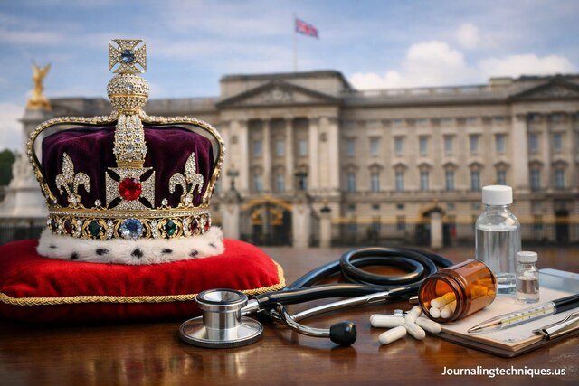 Royal crown and medical tools representing royal health and the British monarchy