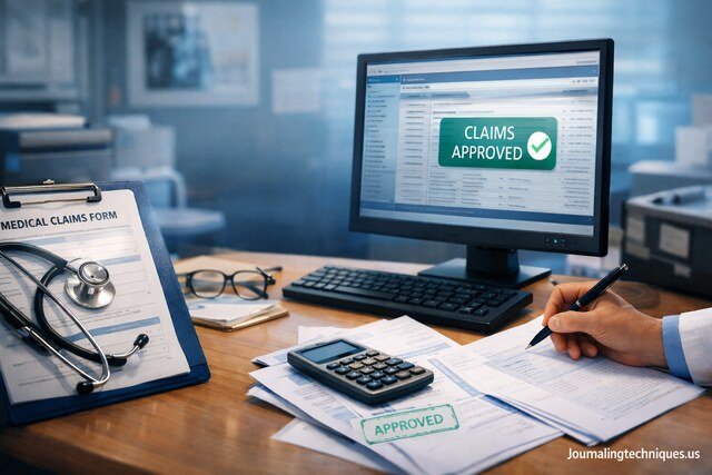 Meritain Health medical claims management process with approved healthcare claim on computer screen.