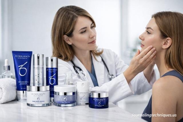 Dermatologist recommending ZO Skin Health skincare products during skin consultation.